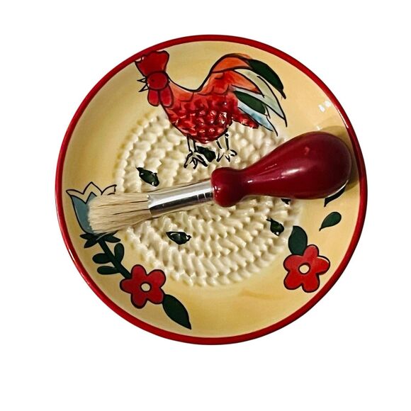 Hand-Painted Spanish Garlic Grater Plate Floral Chicken Red Yellow W/ Brush - Picture 2 of 4